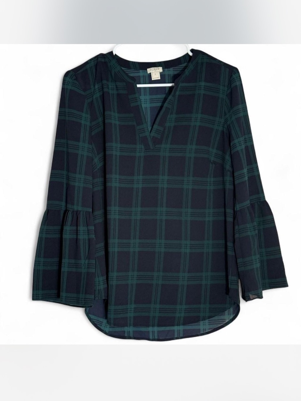 J.Crew Plaid Split-Neck Bell Sleeve Top - Green/Black
